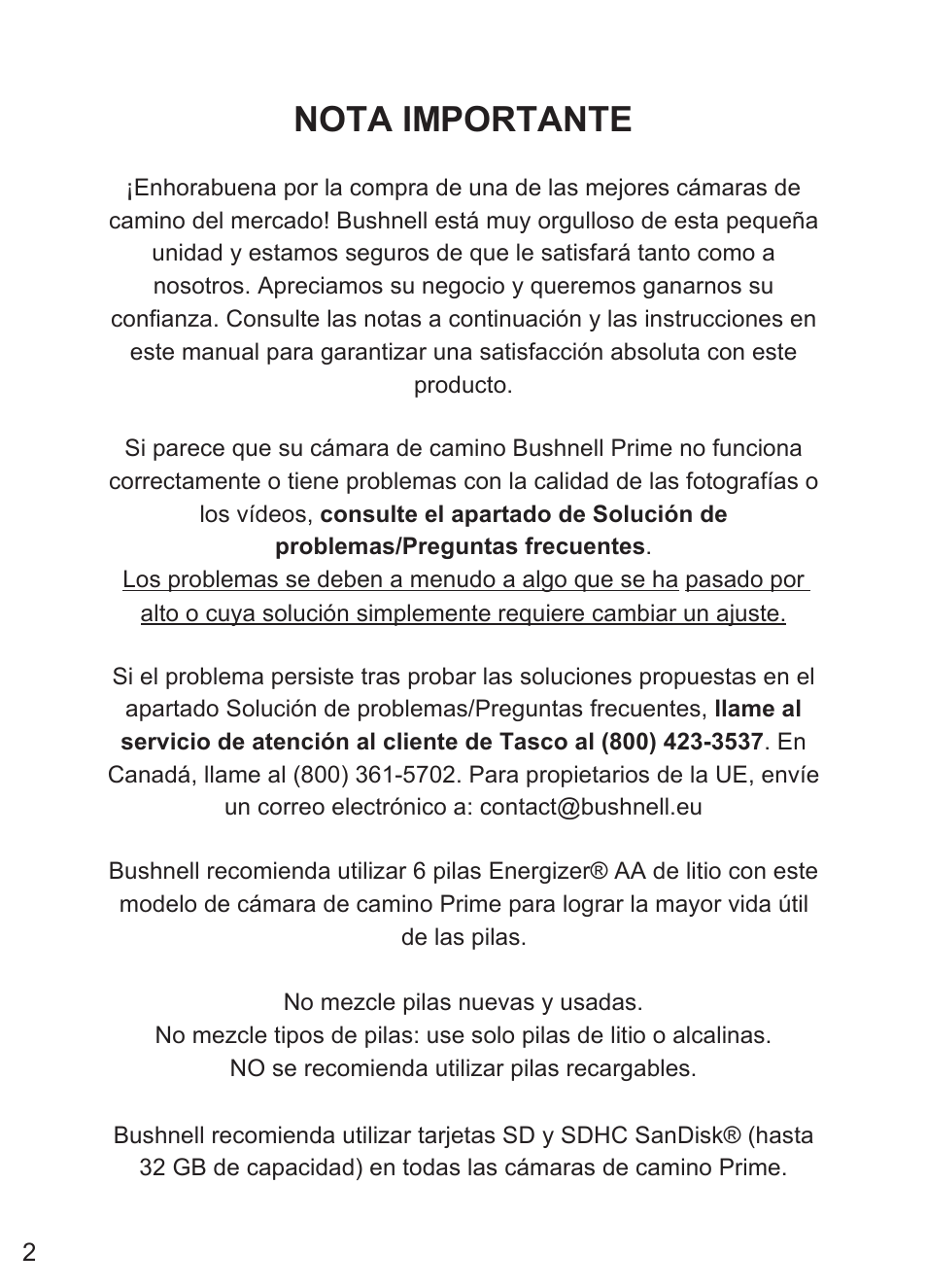 Nota importante | Bushnell Prime Low-Glow Trail Camera Kit (Gray) User Manual | Page 72 / 179