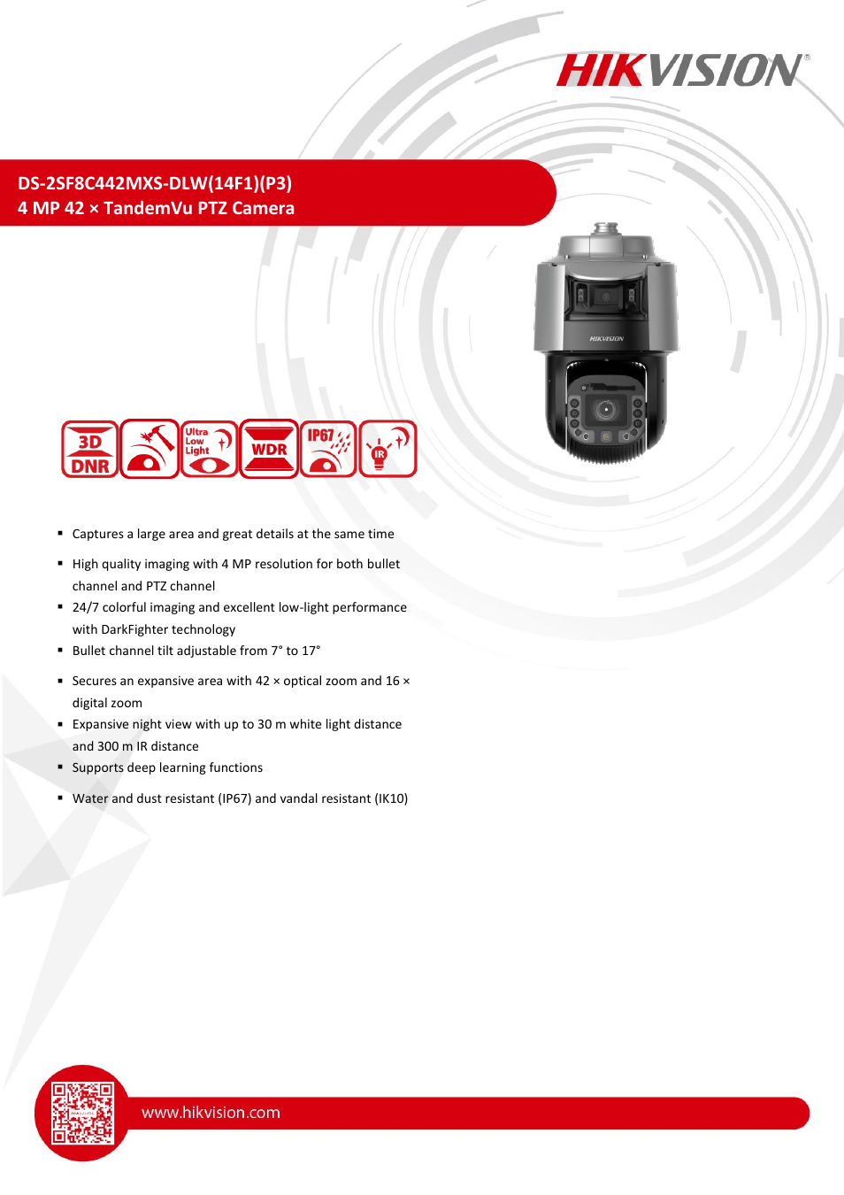 Hikvision TandemVu 4MP Outdoor PTZ Network Dome Camera with Night Vision and 6 to 252mm Lens User Manual | 7 pages
