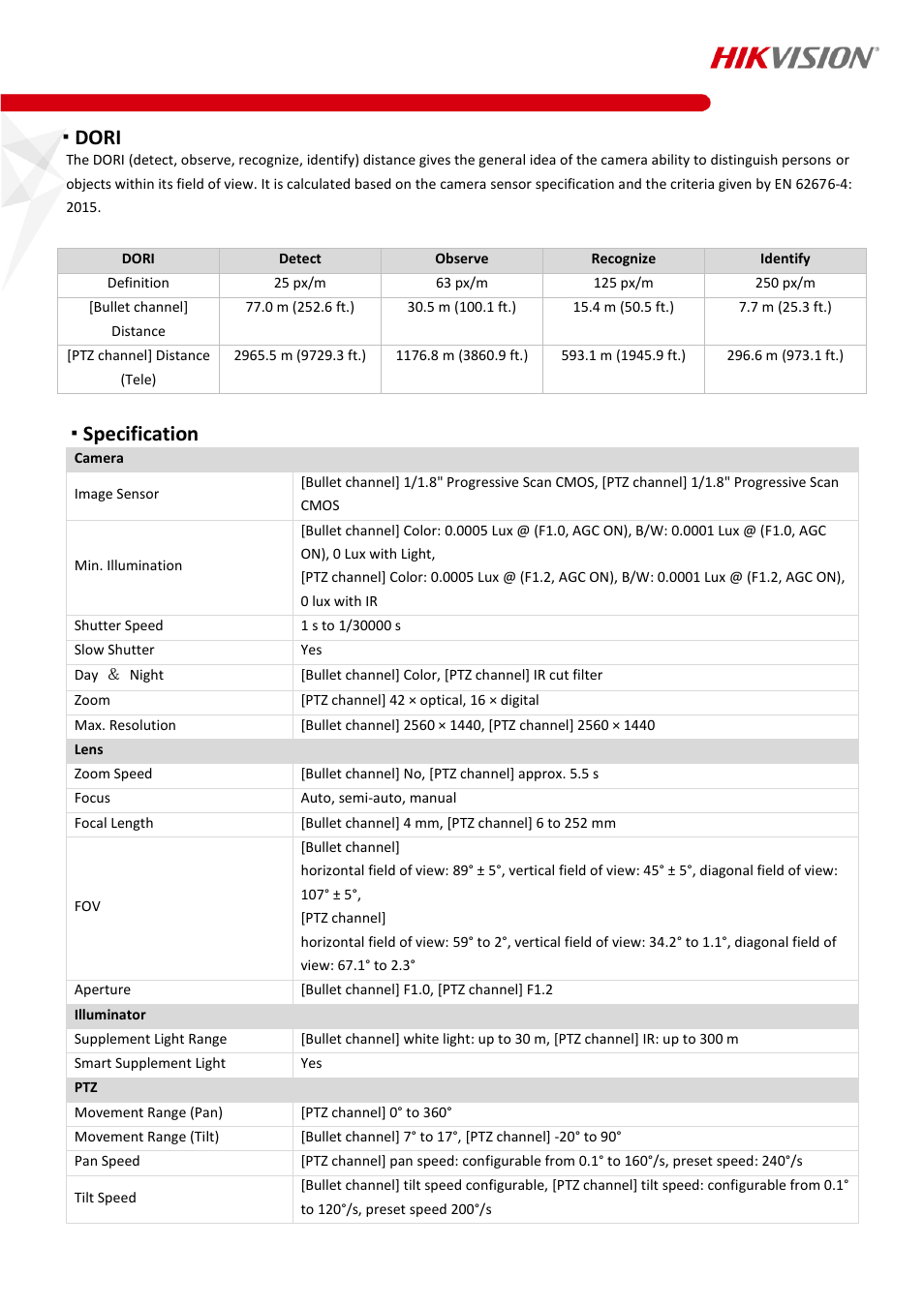 Dori, Specification | Hikvision TandemVu 4MP Outdoor PTZ Network Dome Camera with Night Vision and 6 to 252mm Lens User Manual | Page 2 / 7