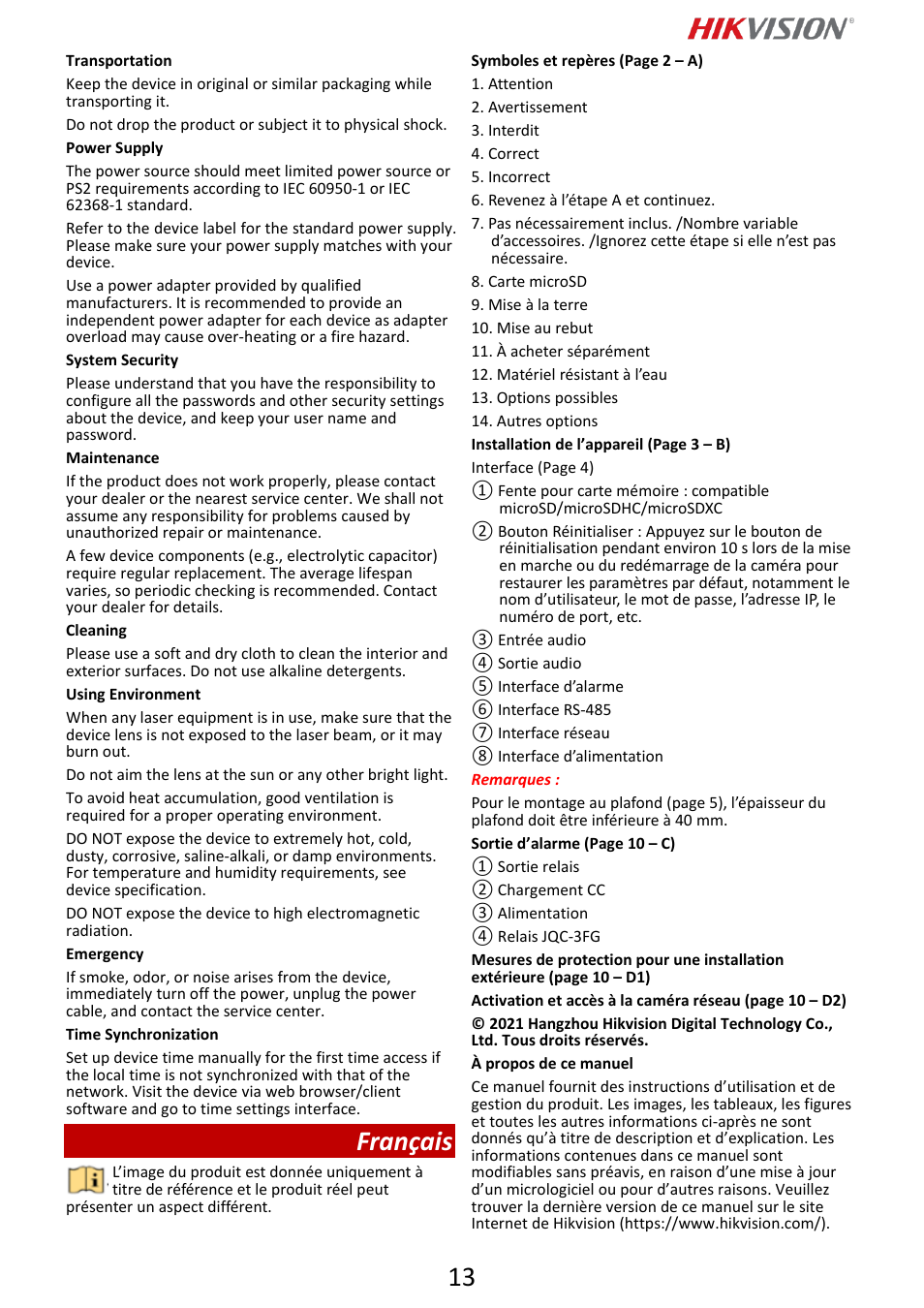 Français | Hikvision DS-2DF6A832X-DE3 8MP PTZ Network Dome Camera User Manual | Page 14 / 57