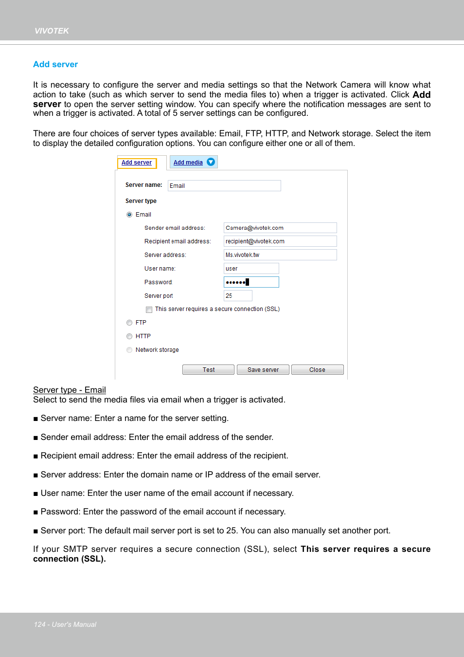 124) to add a new email or ftp | Vivotek FD9388-HTV 5MP Outdoor Network Dome Camera with Night Vision User Manual | Page 124 / 407