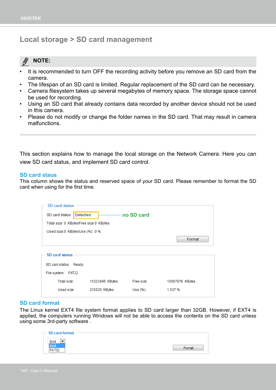 Local storage > sd card management | Vivotek FD9388-HTV 5MP Outdoor Network Dome Camera with Night Vision User Manual | Page 148 / 407