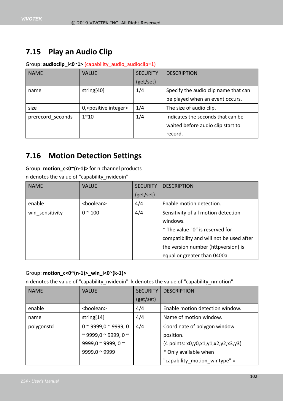 15 play an audio clip, 16 motion detection settings | Vivotek FD9388-HTV 5MP Outdoor Network Dome Camera with Night Vision User Manual | Page 234 / 407