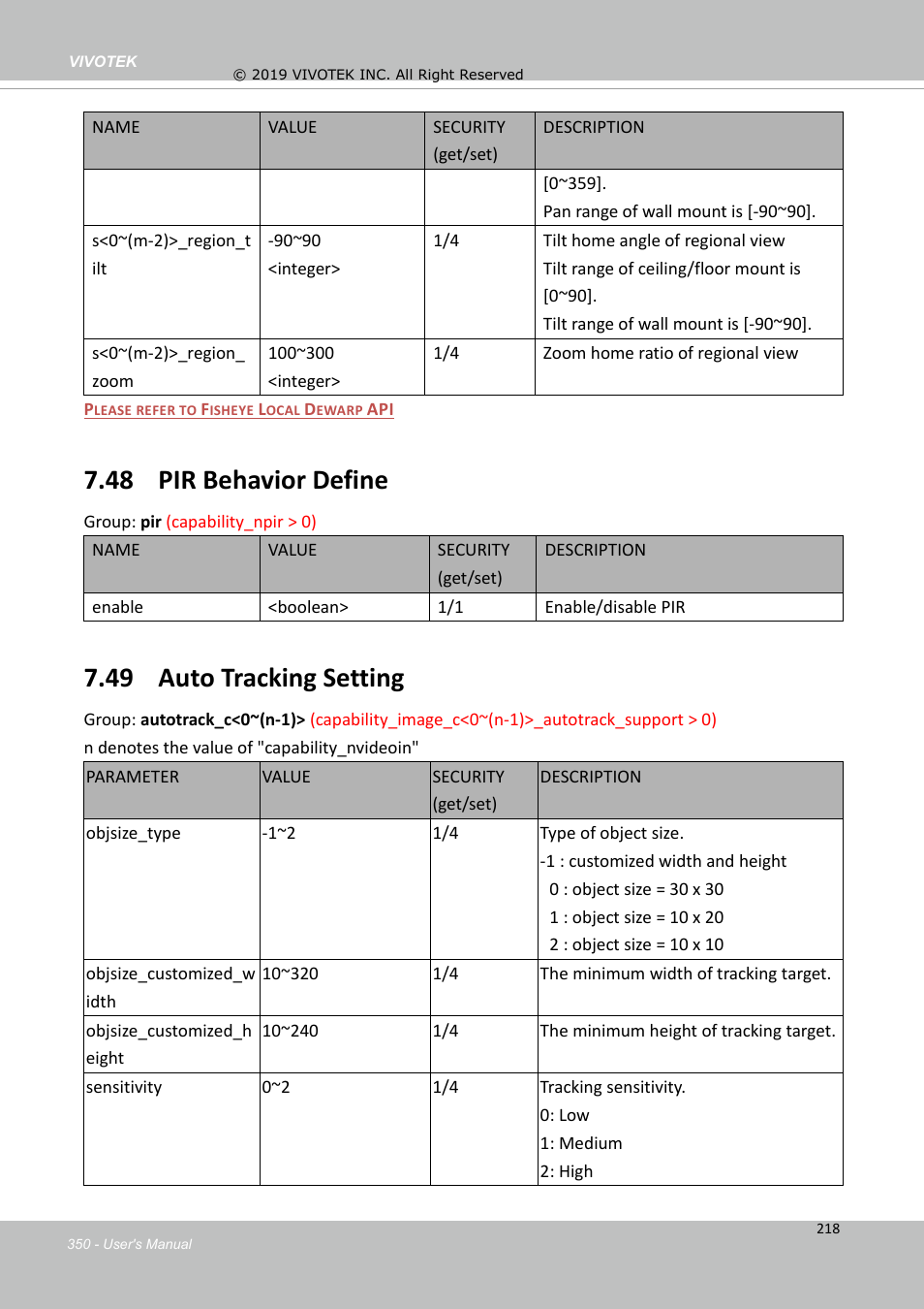 48 pir behavior define, 49 auto tracking setting | Vivotek FD9388-HTV 5MP Outdoor Network Dome Camera with Night Vision User Manual | Page 350 / 407