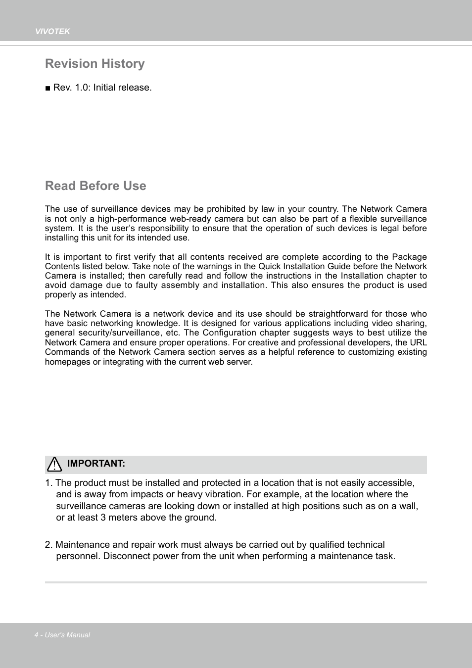 Revision history, Read before use, Revision history read before use | Vivotek FD9388-HTV 5MP Outdoor Network Dome Camera with Night Vision User Manual | Page 4 / 407