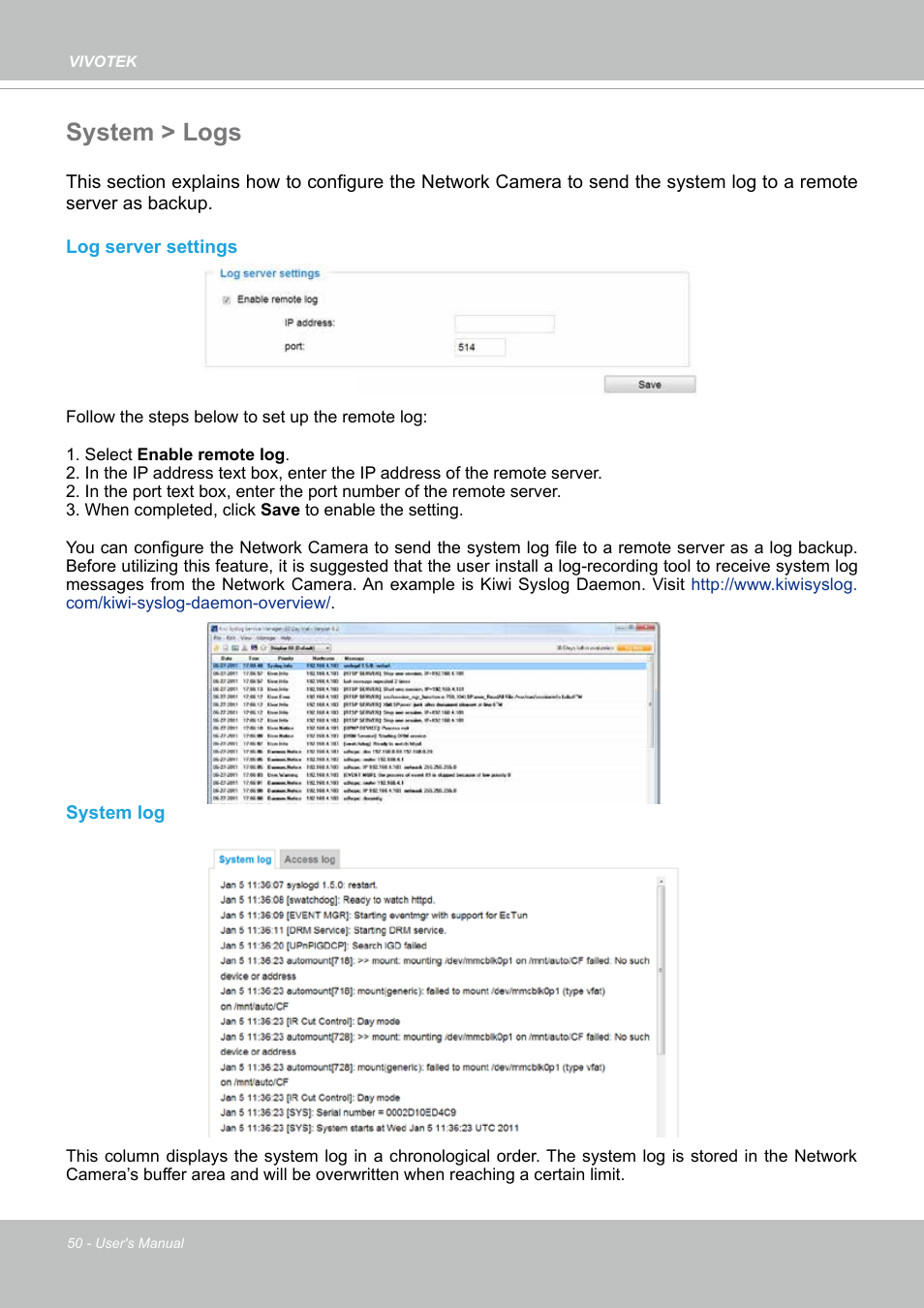System > logs | Vivotek FD9388-HTV 5MP Outdoor Network Dome Camera with Night Vision User Manual | Page 50 / 407