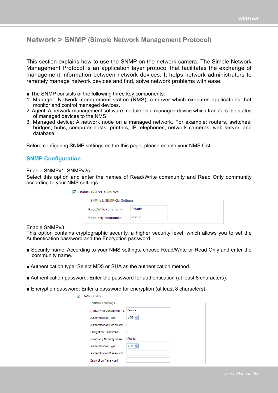 Network > snmp, Simple network management protocol) | Vivotek FD9388-HTV 5MP Outdoor Network Dome Camera with Night Vision User Manual | Page 99 / 407