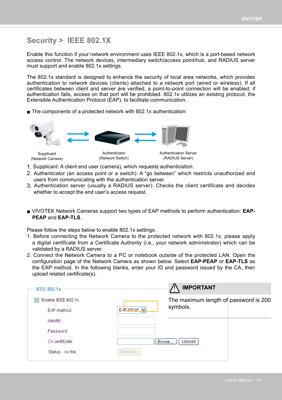 Security > ieee 802.1x | Vivotek S Series IZ9361-EH 1080p Outdoor Network Bullet Camera with Heater User Manual | Page 111 / 458