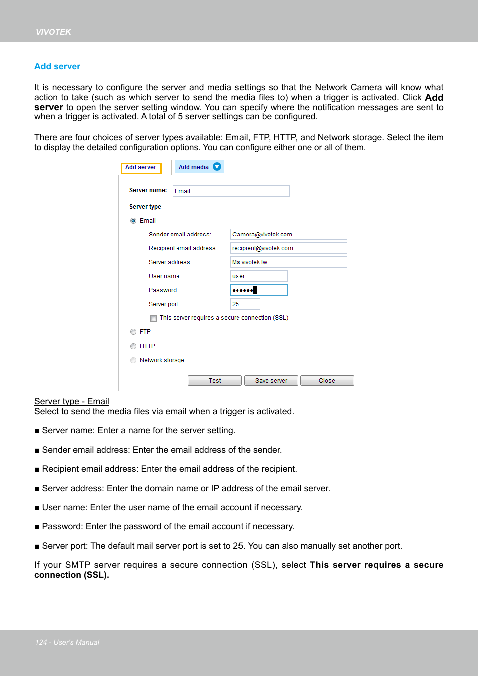 124) to add a new email or ftp | Vivotek S Series IZ9361-EH 1080p Outdoor Network Bullet Camera with Heater User Manual | Page 124 / 458