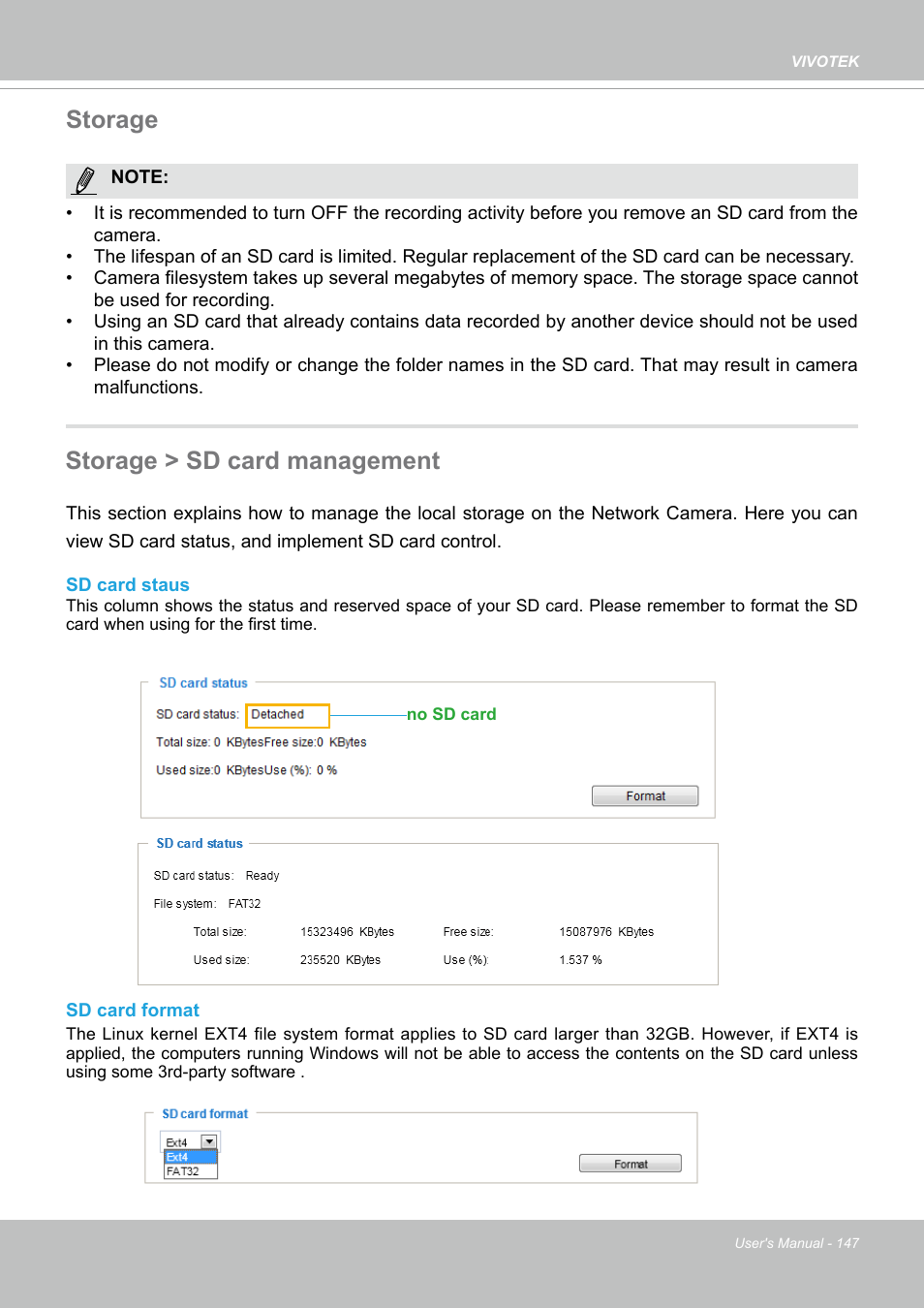 Storage, Storage > sd card management, Storage storage > sd card management | Vivotek S Series IZ9361-EH 1080p Outdoor Network Bullet Camera with Heater User Manual | Page 147 / 458
