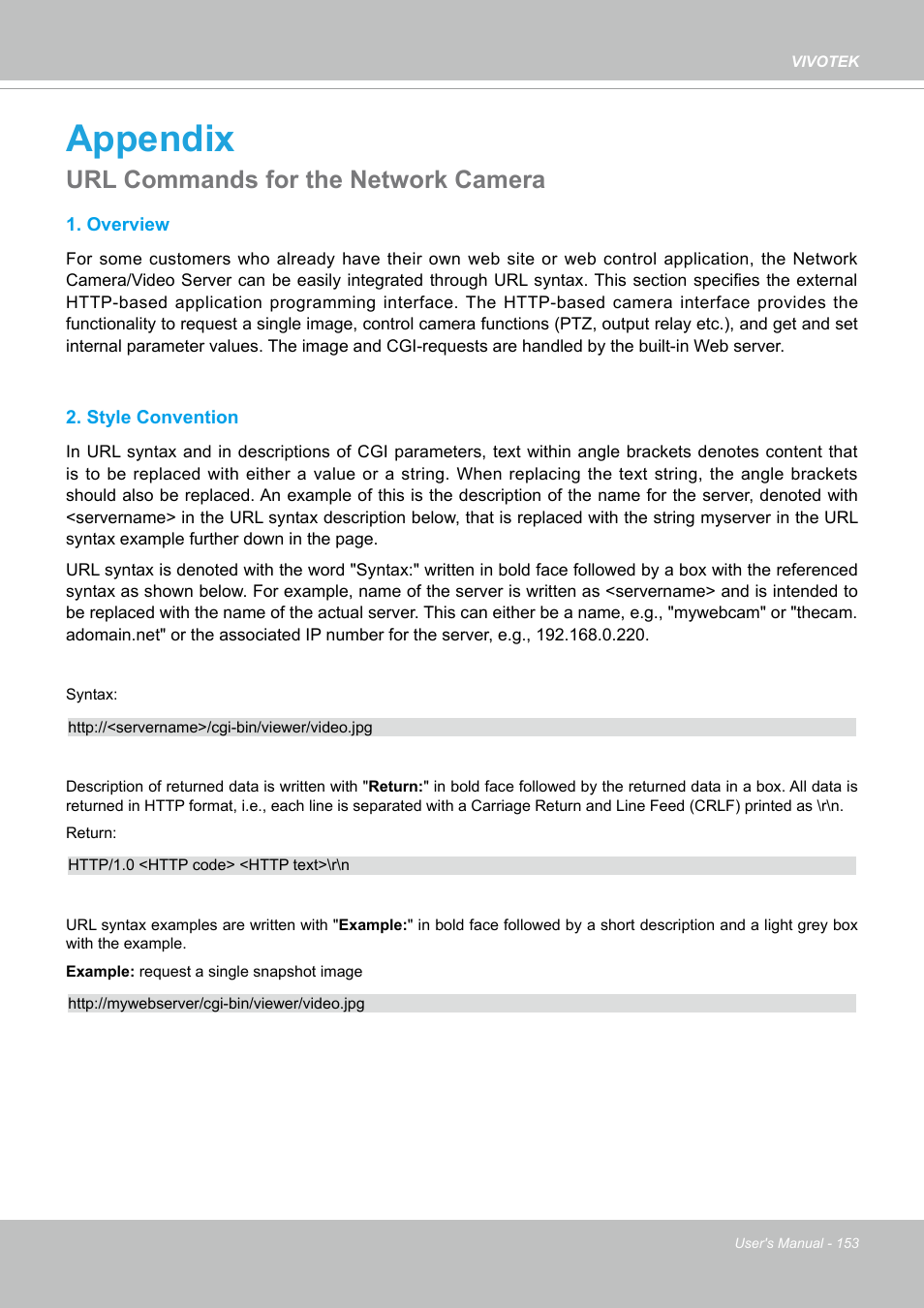 Appendix, Url commands for the network camera | Vivotek S Series IZ9361-EH 1080p Outdoor Network Bullet Camera with Heater User Manual | Page 153 / 458