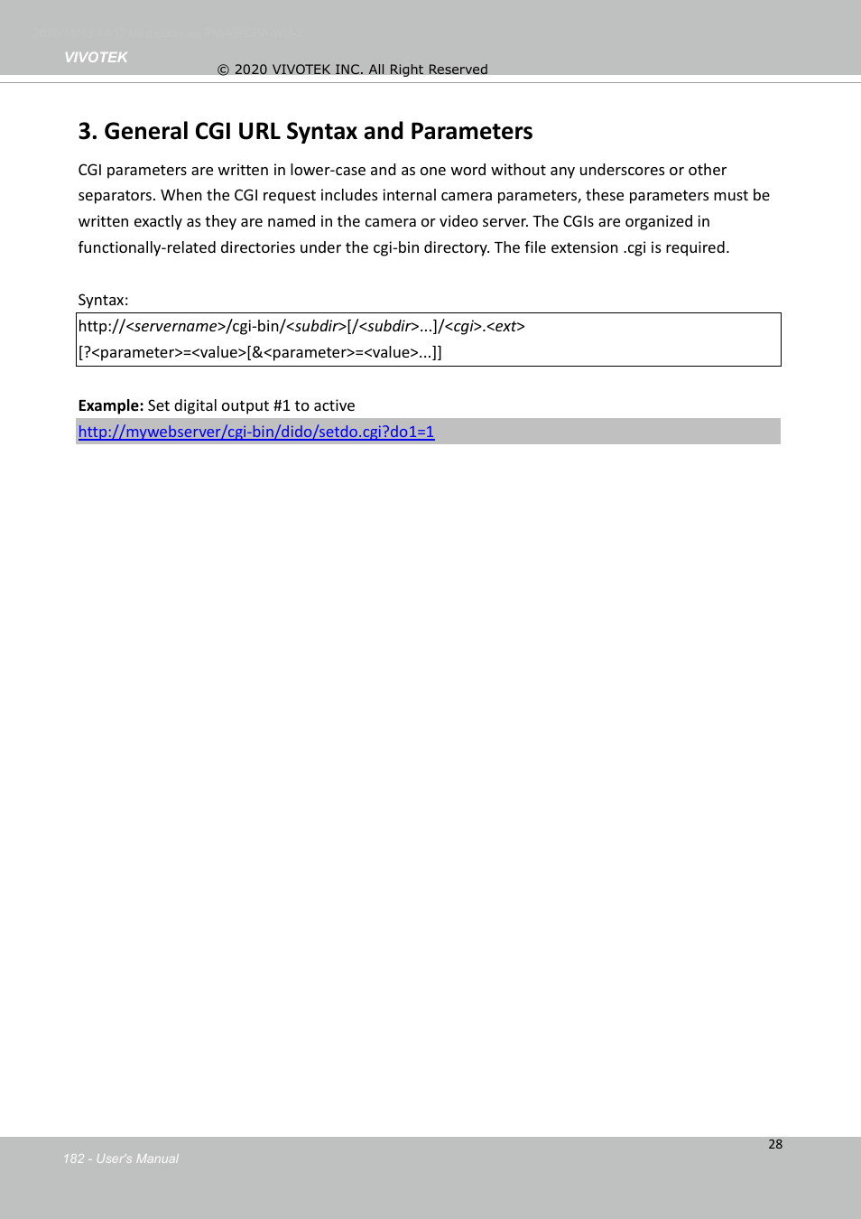 General cgi url syntax and parameters | Vivotek S Series IZ9361-EH 1080p Outdoor Network Bullet Camera with Heater User Manual | Page 182 / 458
