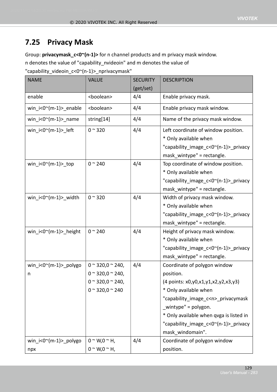 25 privacy mask | Vivotek S Series IZ9361-EH 1080p Outdoor Network Bullet Camera with Heater User Manual | Page 283 / 458