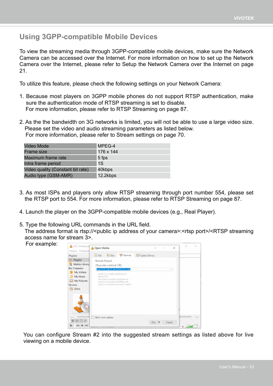 Using 3gpp-compatible mobile devices | Vivotek S Series IZ9361-EH 1080p Outdoor Network Bullet Camera with Heater User Manual | Page 33 / 458