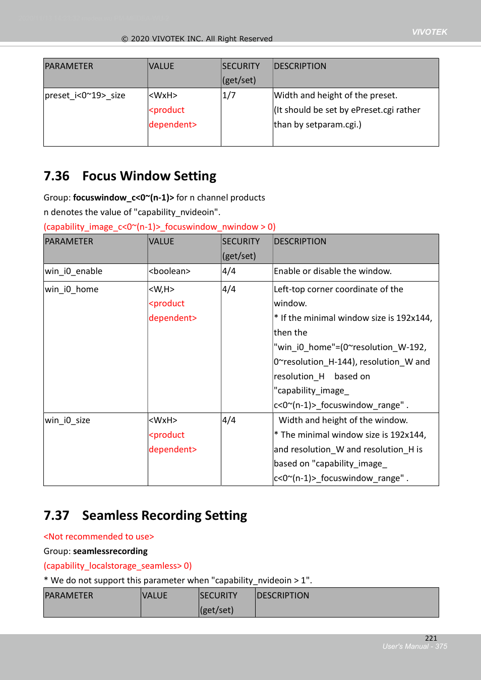 36 focus window setting, 37 seamless recording setting, Eptz settings for each stream | Vivotek S Series IZ9361-EH 1080p Outdoor Network Bullet Camera with Heater User Manual | Page 375 / 458