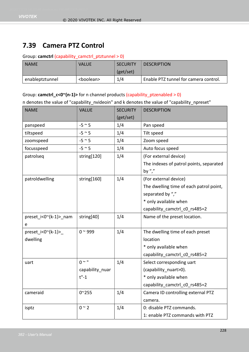 39 camera ptz control | Vivotek S Series IZ9361-EH 1080p Outdoor Network Bullet Camera with Heater User Manual | Page 382 / 458