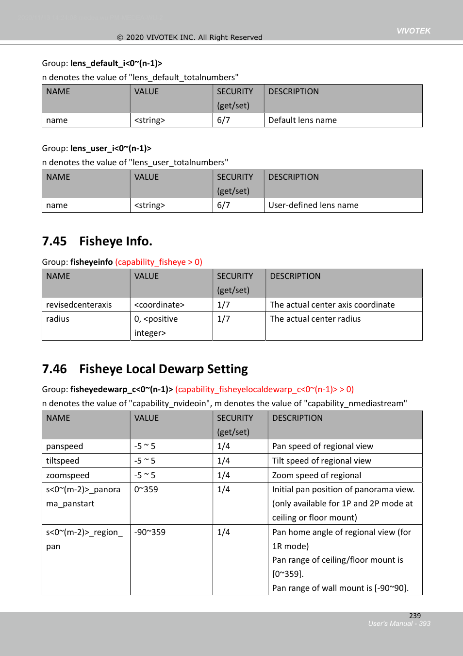 44 lens configuration, 45 fisheye info, 46 fisheye local dewarp setting | Vivotek S Series IZ9361-EH 1080p Outdoor Network Bullet Camera with Heater User Manual | Page 393 / 458