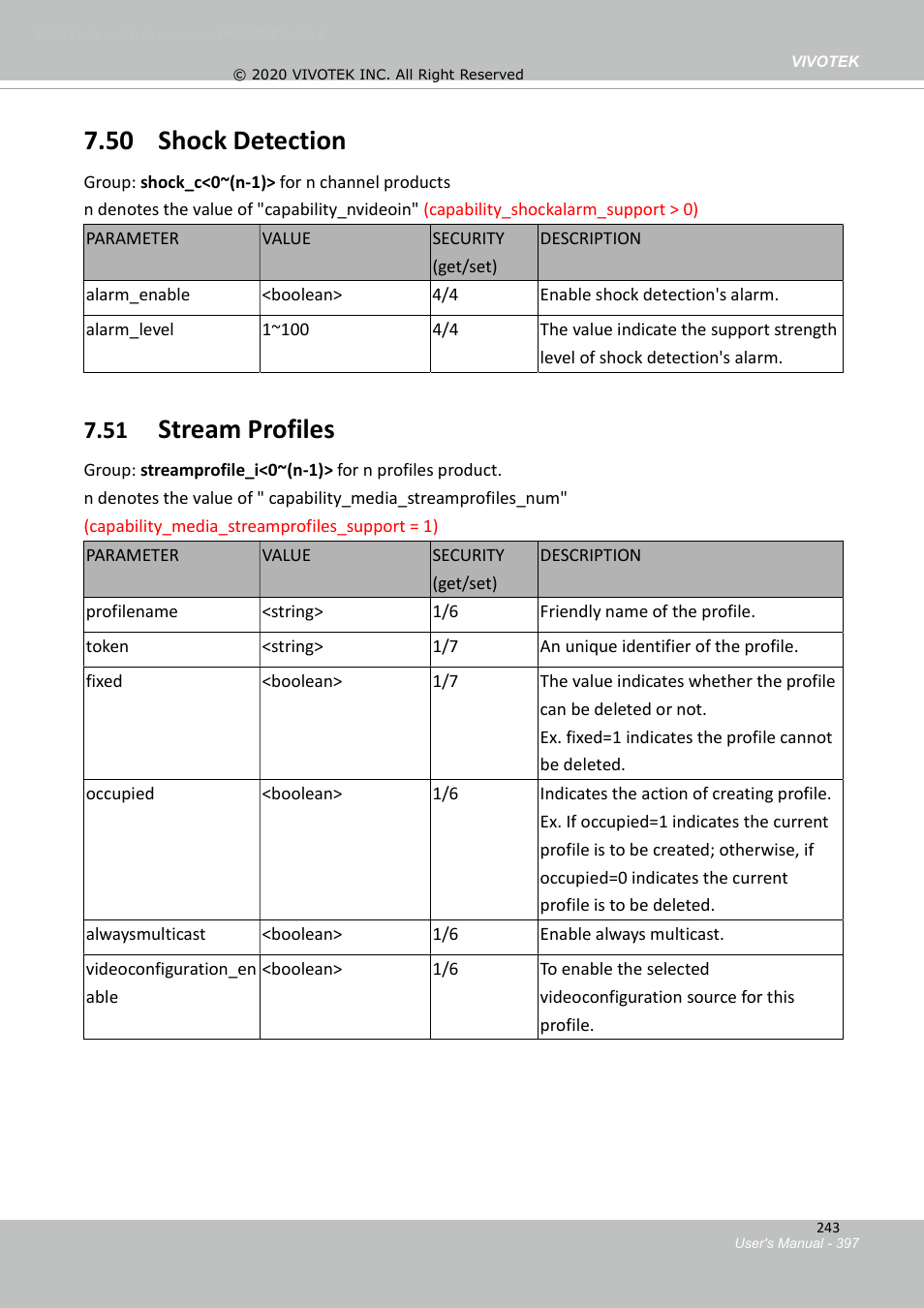 50 shock detection, Stream profiles | Vivotek S Series IZ9361-EH 1080p Outdoor Network Bullet Camera with Heater User Manual | Page 397 / 458