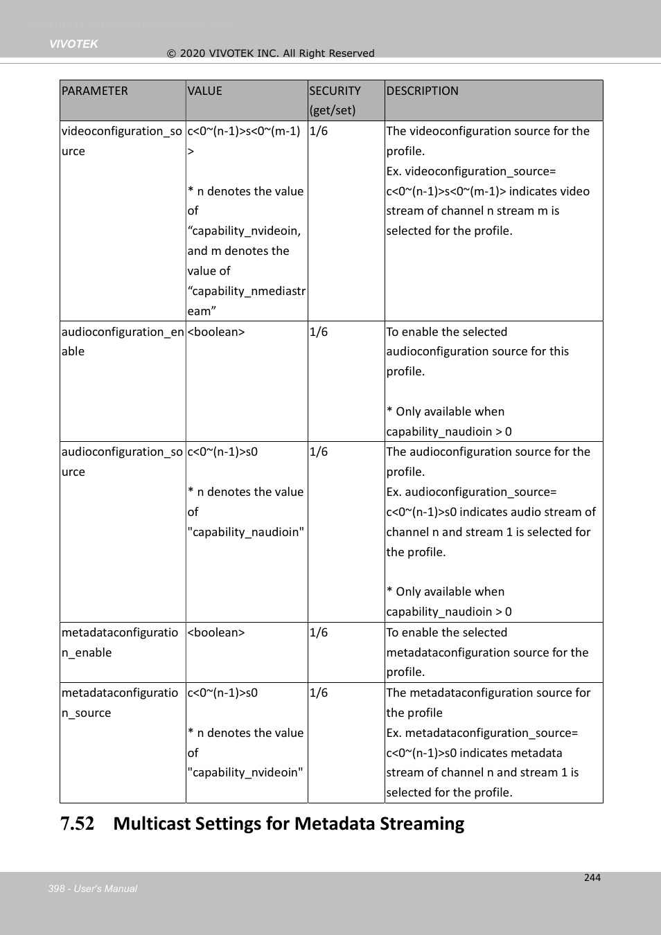 52 multicast settings for metadata streaming | Vivotek S Series IZ9361-EH 1080p Outdoor Network Bullet Camera with Heater User Manual | Page 398 / 458