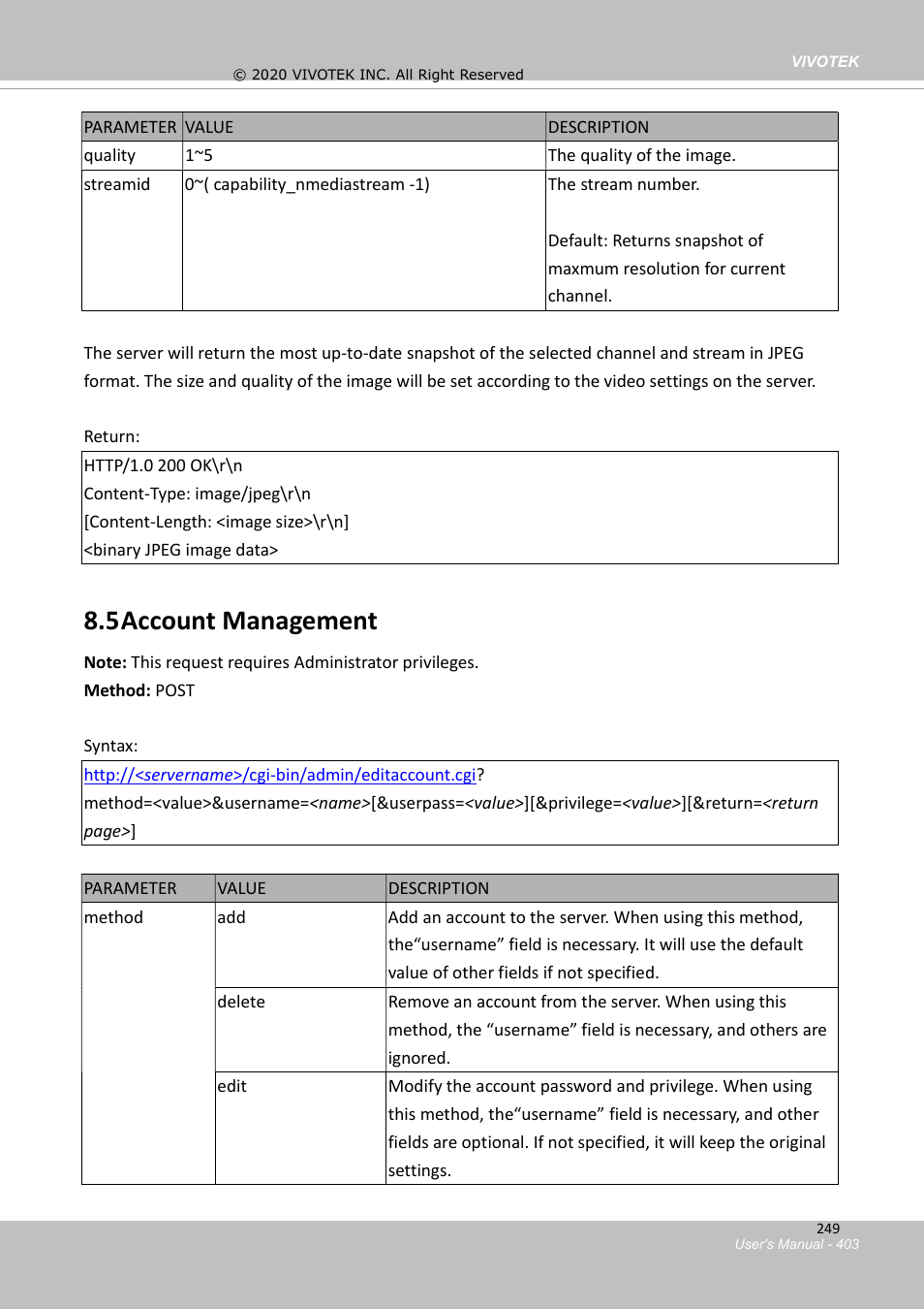 4 capture single snapshot, 5 account management | Vivotek S Series IZ9361-EH 1080p Outdoor Network Bullet Camera with Heater User Manual | Page 403 / 458