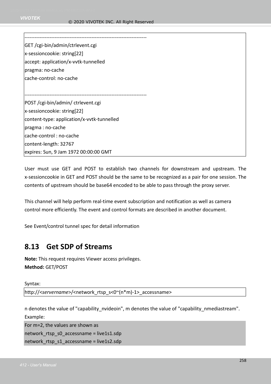 13 get sdp of streams | Vivotek S Series IZ9361-EH 1080p Outdoor Network Bullet Camera with Heater User Manual | Page 412 / 458