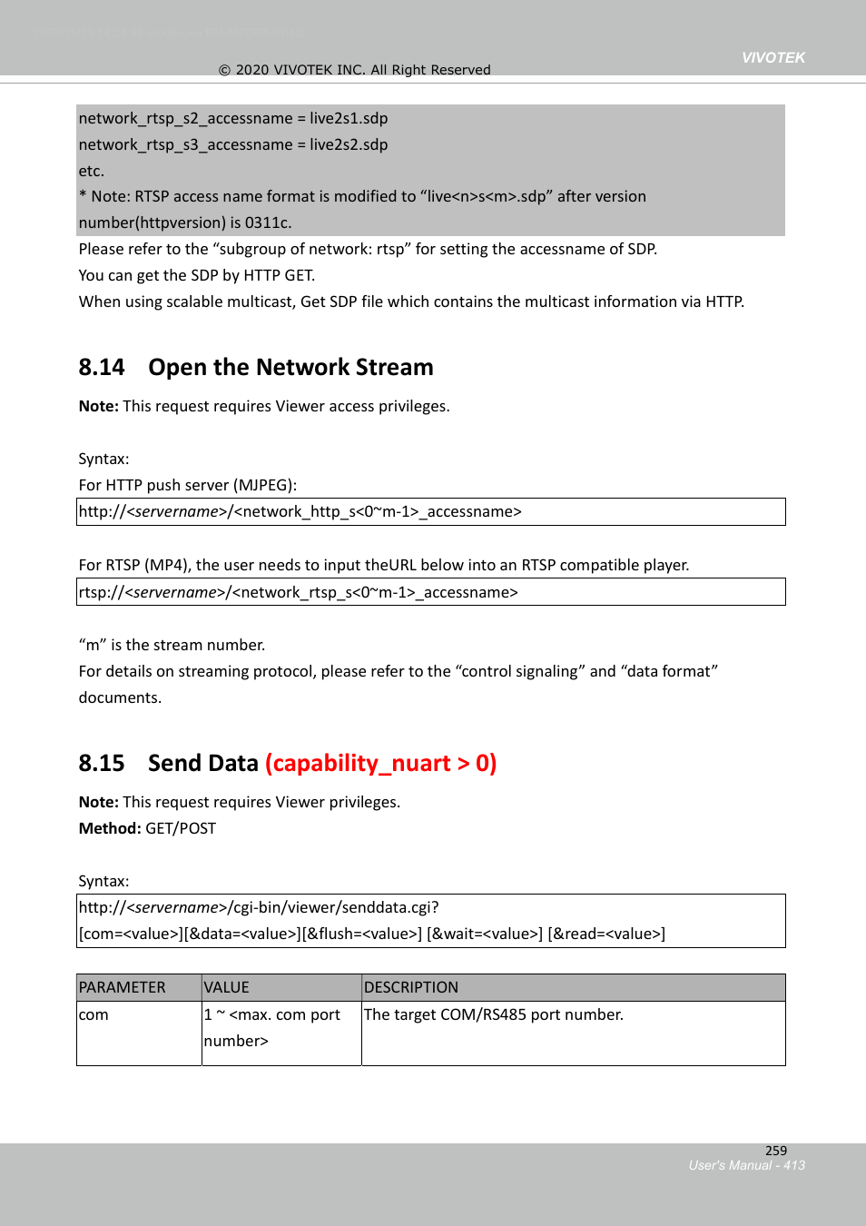 13 get sdp of streams, 14 open the network stream, 15 send data (capability_nuart > 0) | Vivotek S Series IZ9361-EH 1080p Outdoor Network Bullet Camera with Heater User Manual | Page 413 / 458