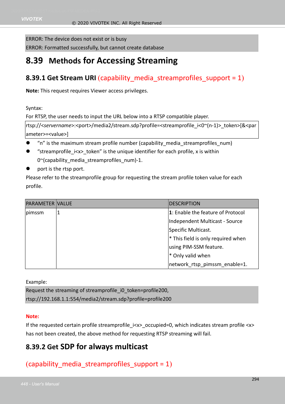 For accessing streaming, Methods, Sdp for always multicast | 2 get, Capability_media_streamprofiles_support = 1 ) | Vivotek S Series IZ9361-EH 1080p Outdoor Network Bullet Camera with Heater User Manual | Page 448 / 458