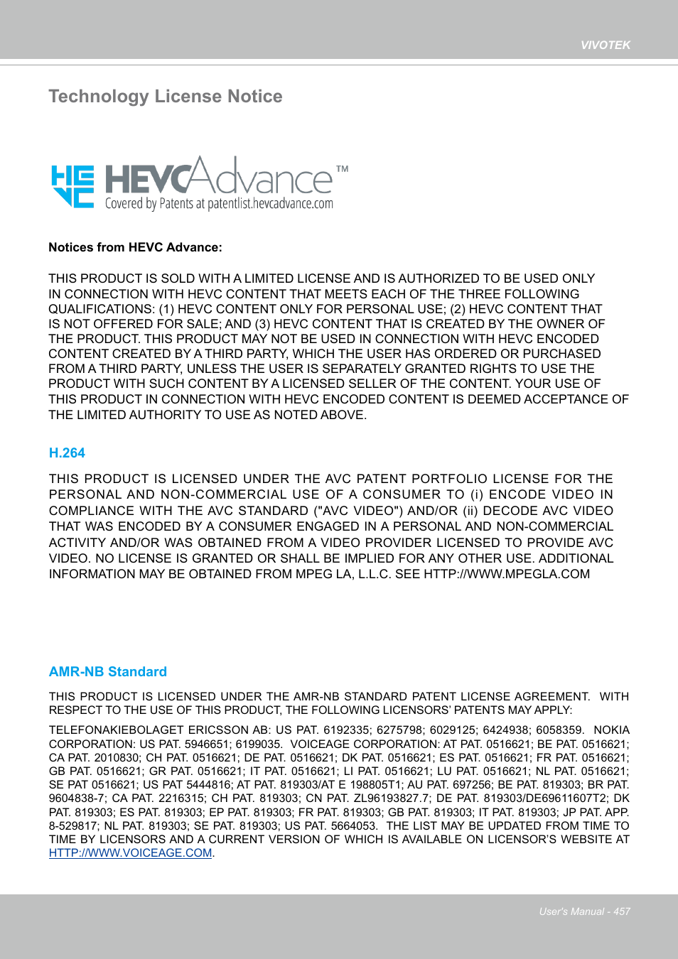 Technology license notice | Vivotek S Series IZ9361-EH 1080p Outdoor Network Bullet Camera with Heater User Manual | Page 457 / 458