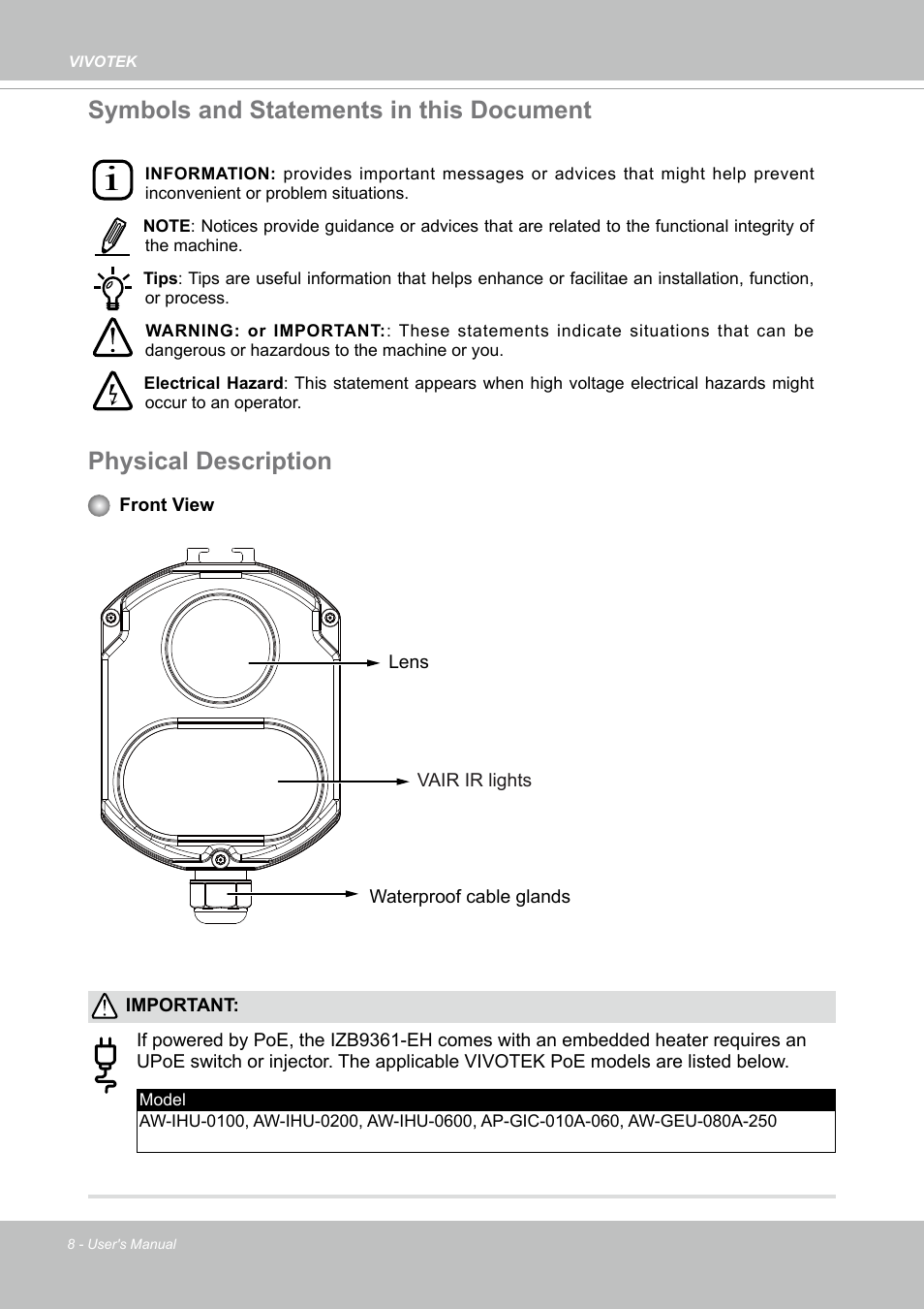 Symbols and statements in this document, Physical description | Vivotek S Series IZ9361-EH 1080p Outdoor Network Bullet Camera with Heater User Manual | Page 8 / 458