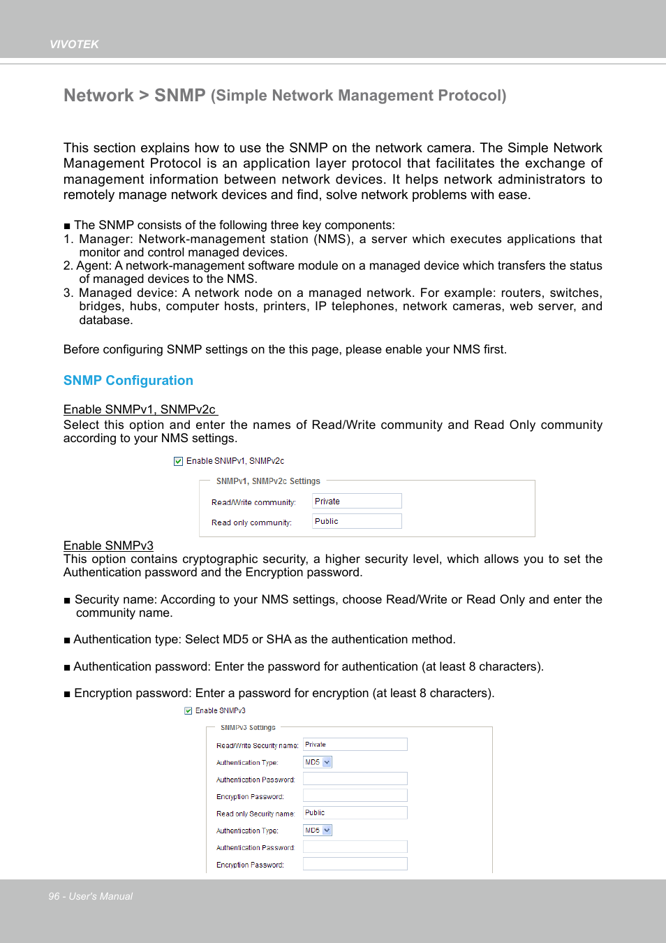 Network > snmp, Simple network management protocol) | Vivotek S Series IZ9361-EH 1080p Outdoor Network Bullet Camera with Heater User Manual | Page 96 / 458