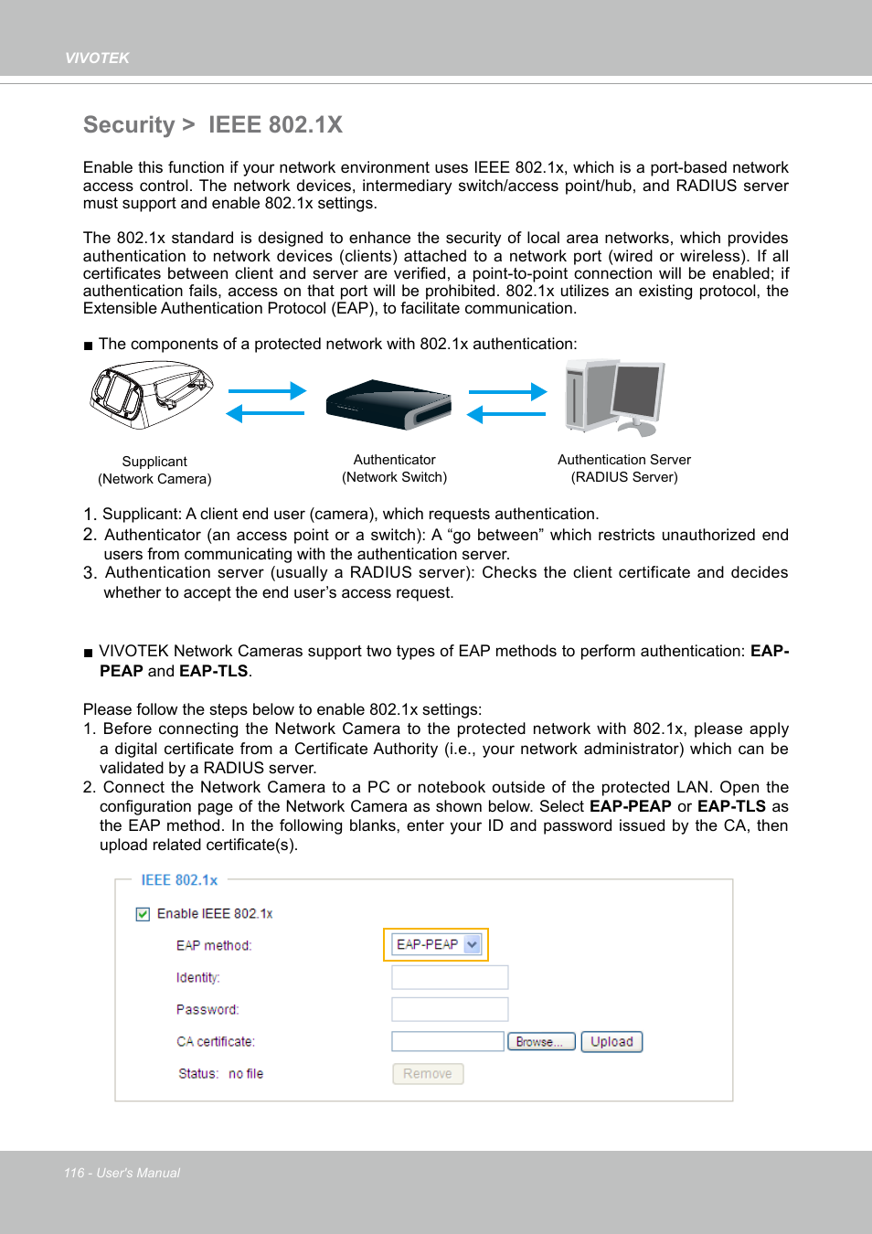 Security > ieee 802.1x | Vivotek MD9584-HF3 5MP Outdoor Network Mobile Dome Camera with Night Vision, Heater & 3.6mm Lens User Manual | Page 116 / 453