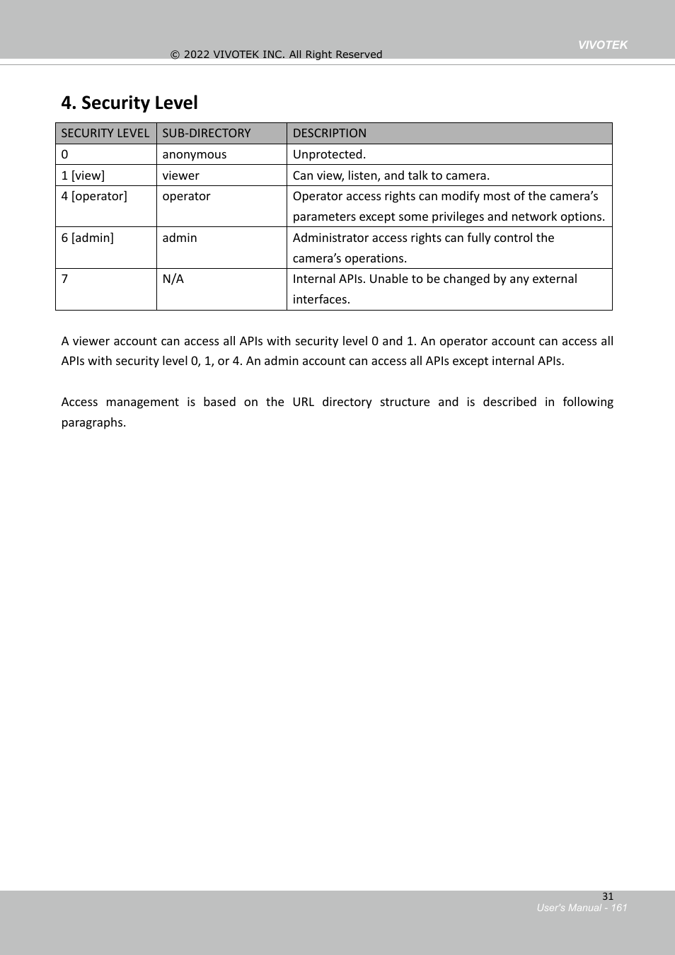 General cgi url syntax and parameters, Security level | Vivotek MD9584-HF3 5MP Outdoor Network Mobile Dome Camera with Night Vision, Heater & 3.6mm Lens User Manual | Page 161 / 453