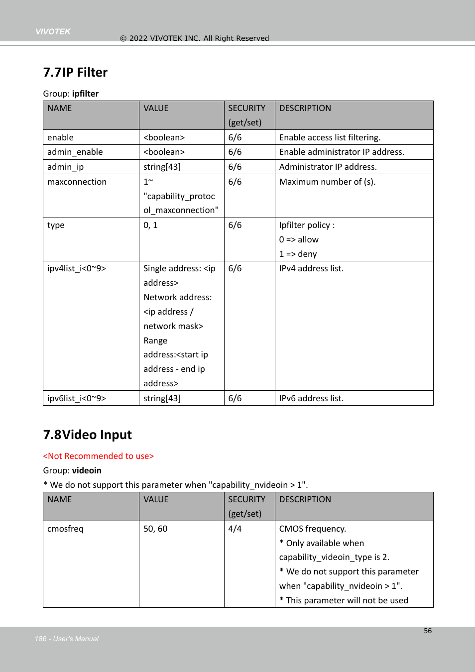 7 ip filter, 8 video input | Vivotek MD9584-HF3 5MP Outdoor Network Mobile Dome Camera with Night Vision, Heater & 3.6mm Lens User Manual | Page 186 / 453