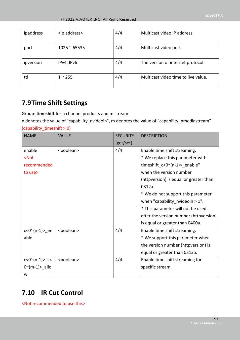 9 time shift settings, 10 ir cut control, 2 multicast settings for video streaming | Vivotek MD9584-HF3 5MP Outdoor Network Mobile Dome Camera with Night Vision, Heater & 3.6mm Lens User Manual | Page 223 / 453