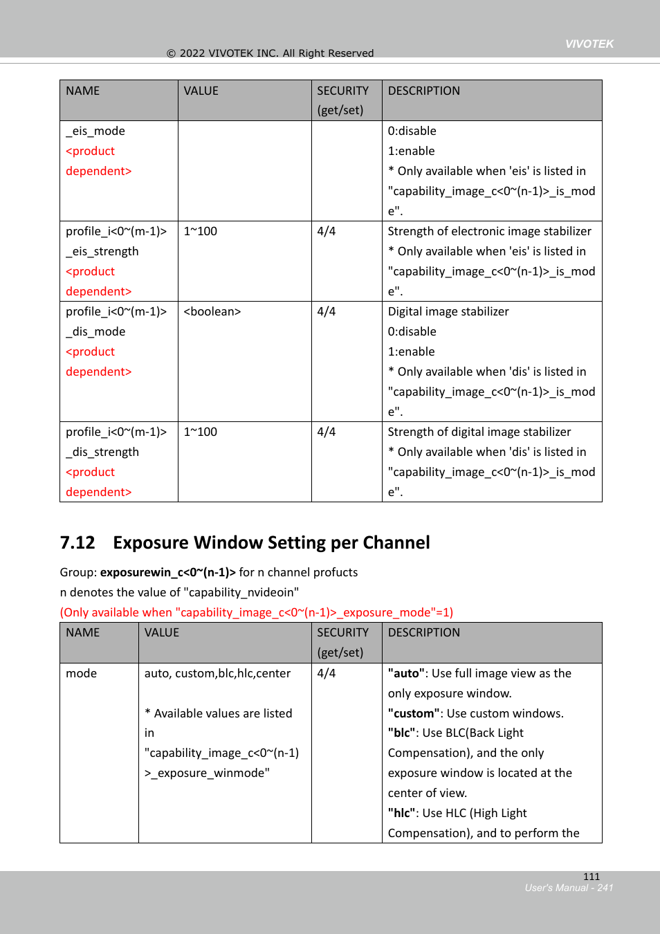 12 exposure window setting per channel | Vivotek MD9584-HF3 5MP Outdoor Network Mobile Dome Camera with Night Vision, Heater & 3.6mm Lens User Manual | Page 241 / 453