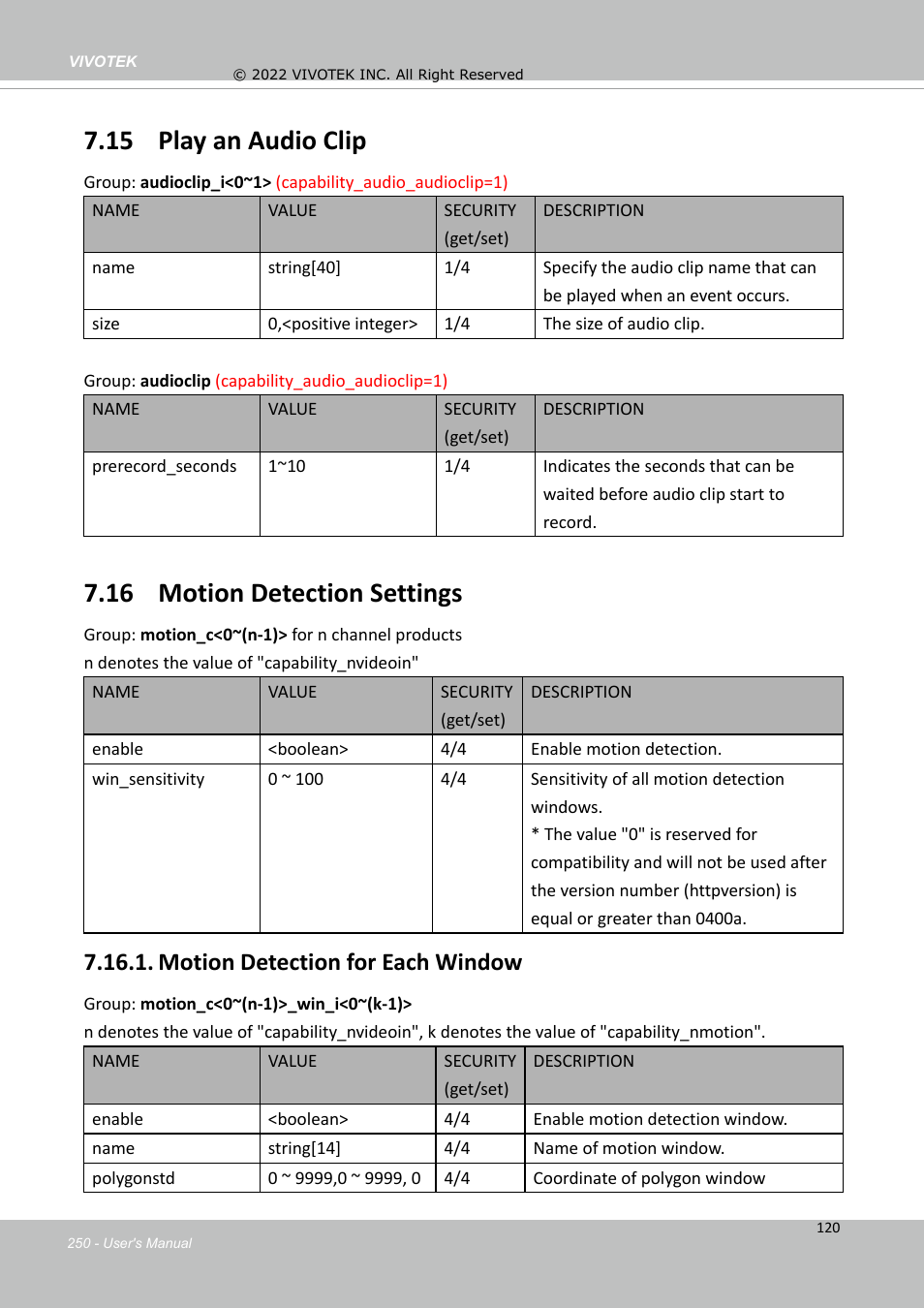 15 play an audio clip, 16 motion detection settings, Motion detection for each window | Vivotek MD9584-HF3 5MP Outdoor Network Mobile Dome Camera with Night Vision, Heater & 3.6mm Lens User Manual | Page 250 / 453