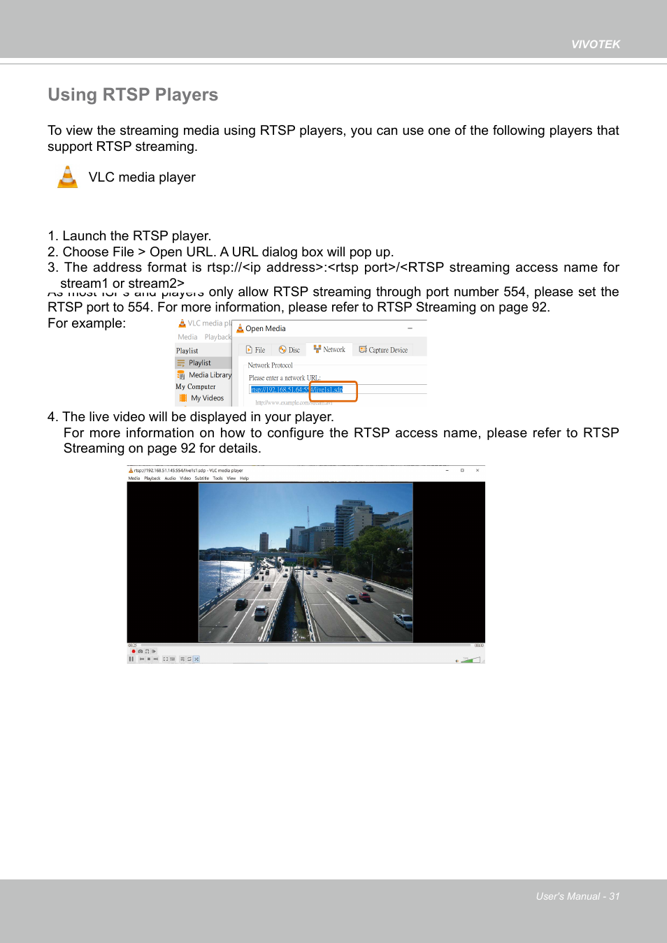 Using rtsp players | Vivotek MD9584-HF3 5MP Outdoor Network Mobile Dome Camera with Night Vision, Heater & 3.6mm Lens User Manual | Page 31 / 453