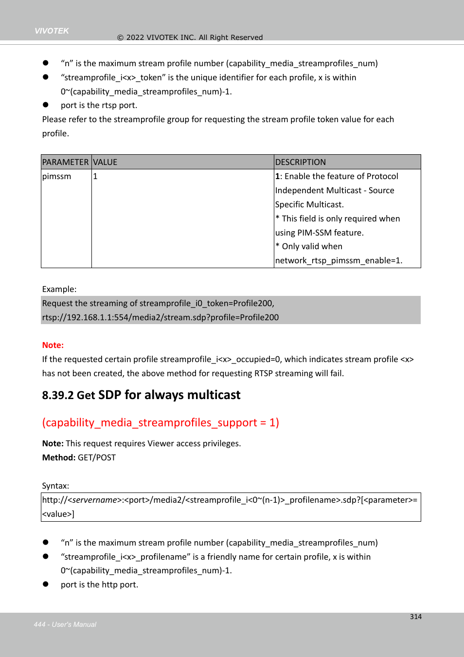 Sdp for always multicast, 2 get, Capability_media_streamprofiles_support = 1) | Vivotek MD9584-HF3 5MP Outdoor Network Mobile Dome Camera with Night Vision, Heater & 3.6mm Lens User Manual | Page 444 / 453