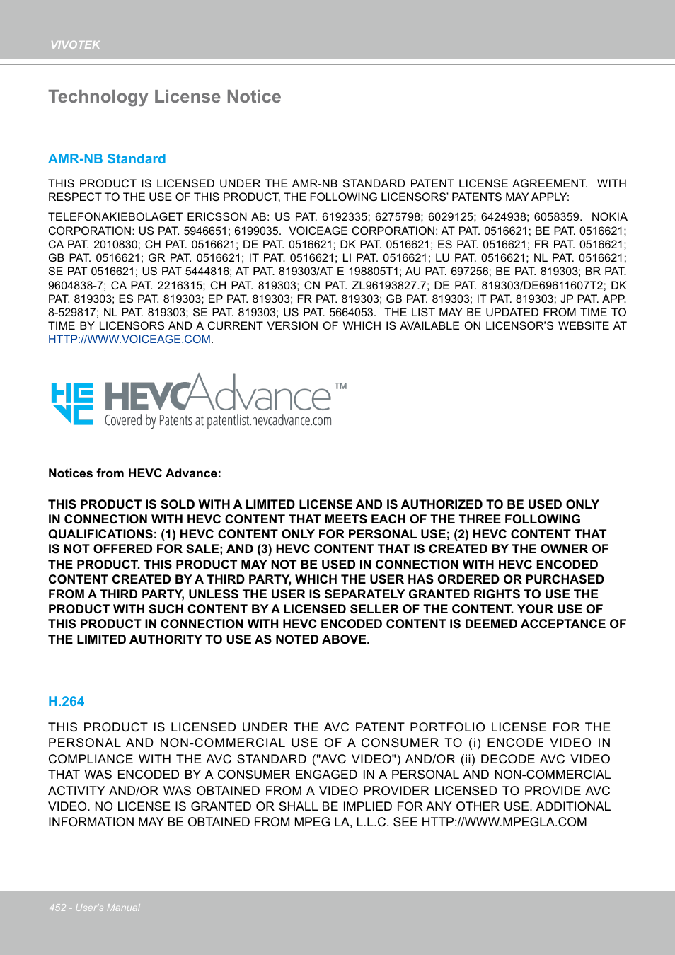 Technology license notice | Vivotek MD9584-HF3 5MP Outdoor Network Mobile Dome Camera with Night Vision, Heater & 3.6mm Lens User Manual | Page 452 / 453