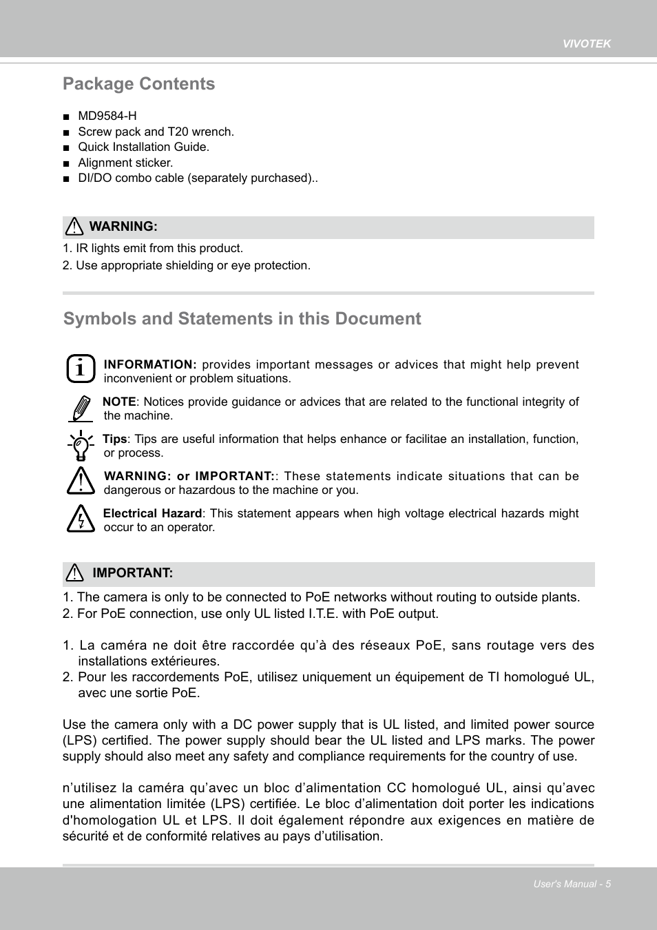 Package contents, Symbols and statements in this document | Vivotek MD9584-HF3 5MP Outdoor Network Mobile Dome Camera with Night Vision, Heater & 3.6mm Lens User Manual | Page 5 / 453