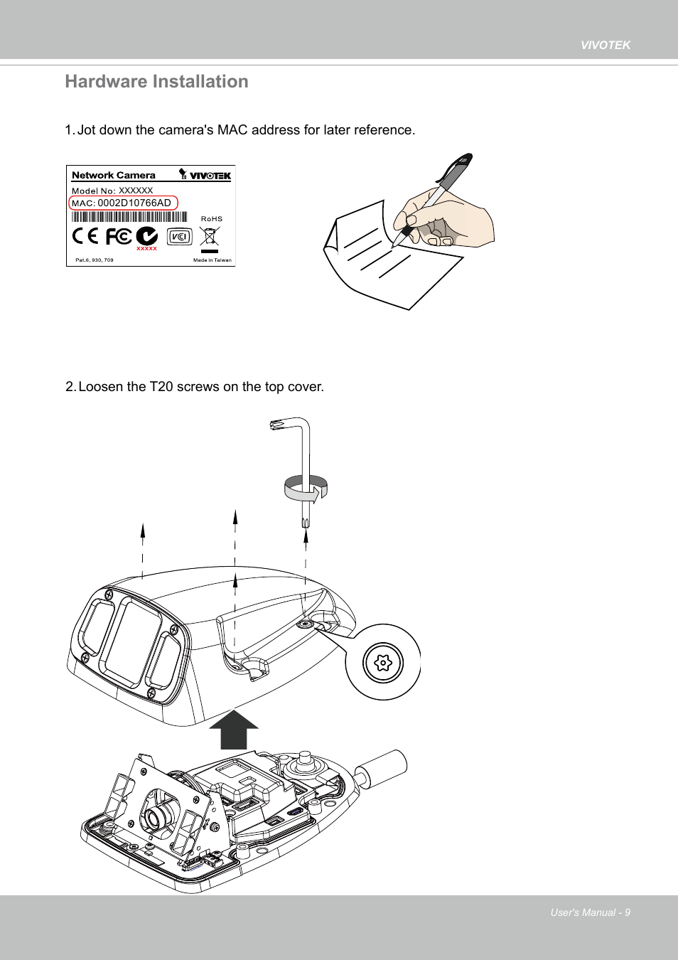 Hardware installation | Vivotek MD9584-HF3 5MP Outdoor Network Mobile Dome Camera with Night Vision, Heater & 3.6mm Lens User Manual | Page 9 / 453