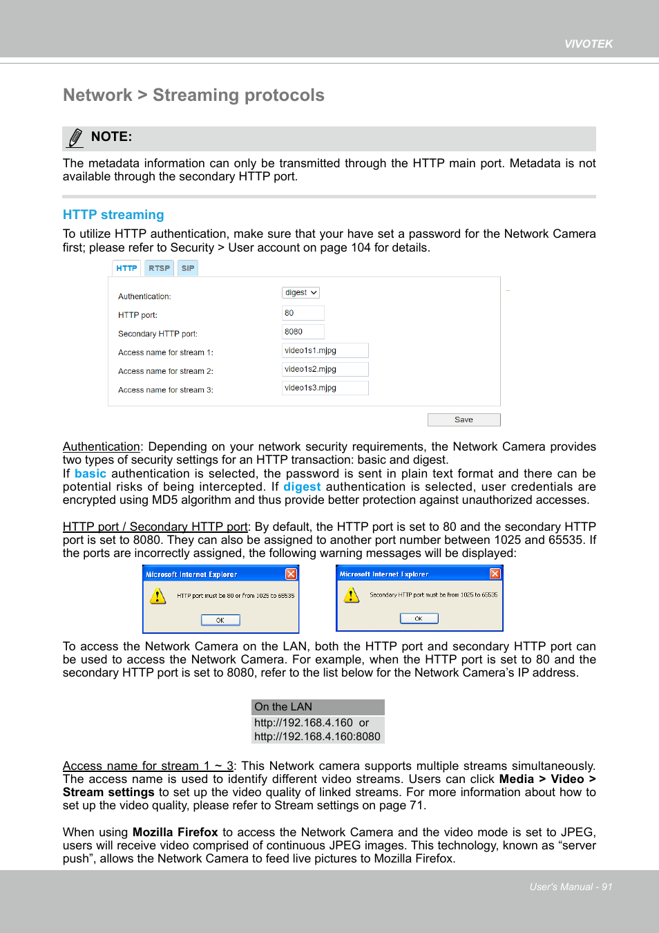 Network > streaming protocols, Please refer to, Http | Information.) | Vivotek MD9584-HF3 5MP Outdoor Network Mobile Dome Camera with Night Vision, Heater & 3.6mm Lens User Manual | Page 91 / 453
