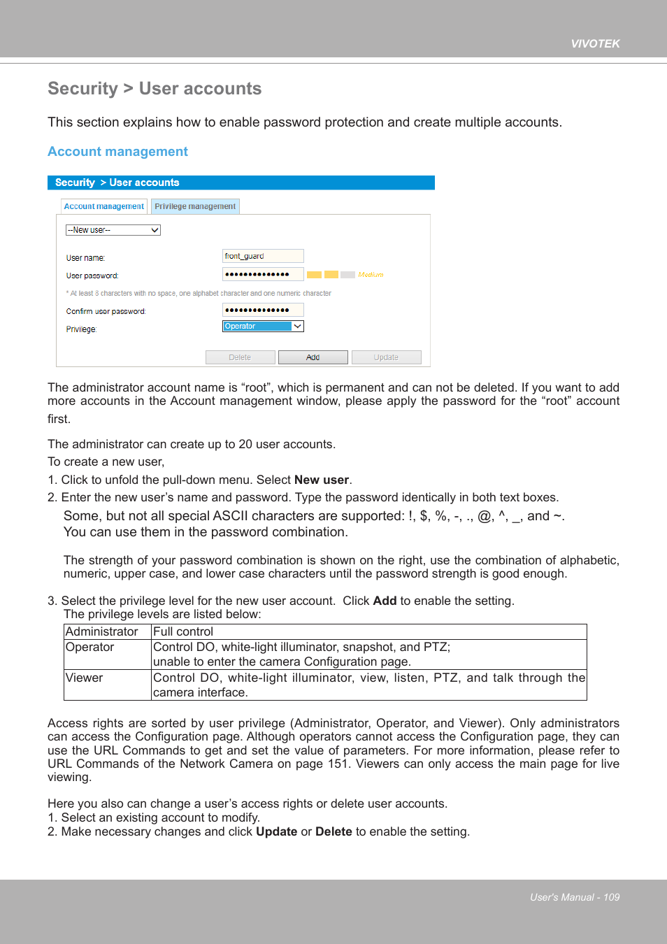 Security > user accounts, Please refer to, Security > user account | Vivotek FE9380-HV 5MP Outdoor Network Fisheye Dome Camera with Night Vision User Manual | Page 109 / 352