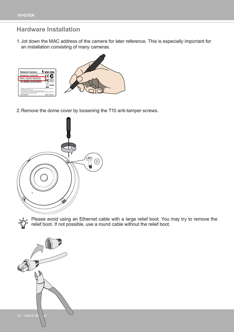 Hardware installation, Vivotek | Vivotek FE9380-HV 5MP Outdoor Network Fisheye Dome Camera with Night Vision User Manual | Page 12 / 352