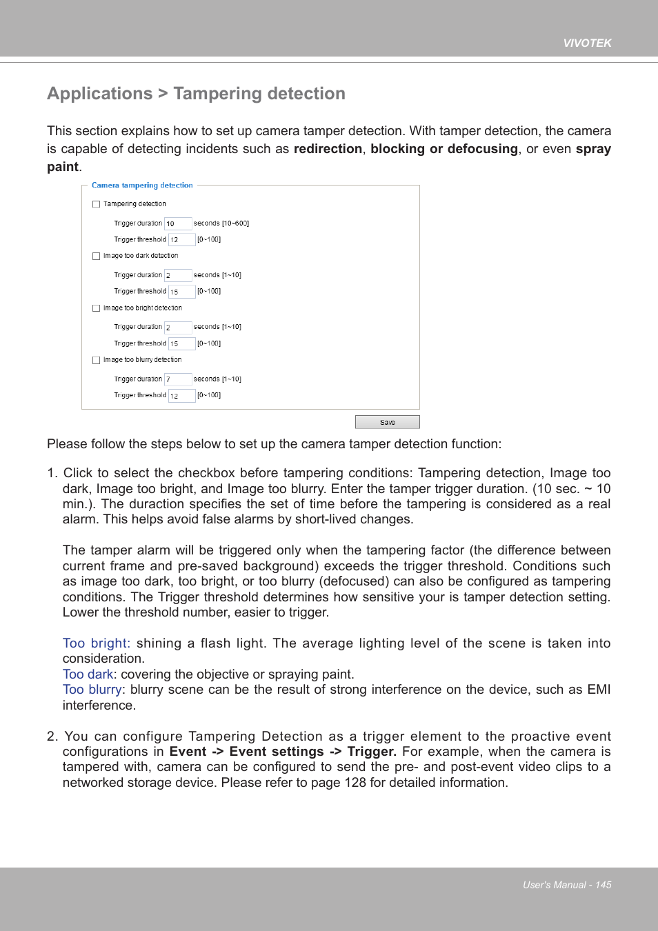 Applications > tampering detection | Vivotek FE9380-HV 5MP Outdoor Network Fisheye Dome Camera with Night Vision User Manual | Page 145 / 352