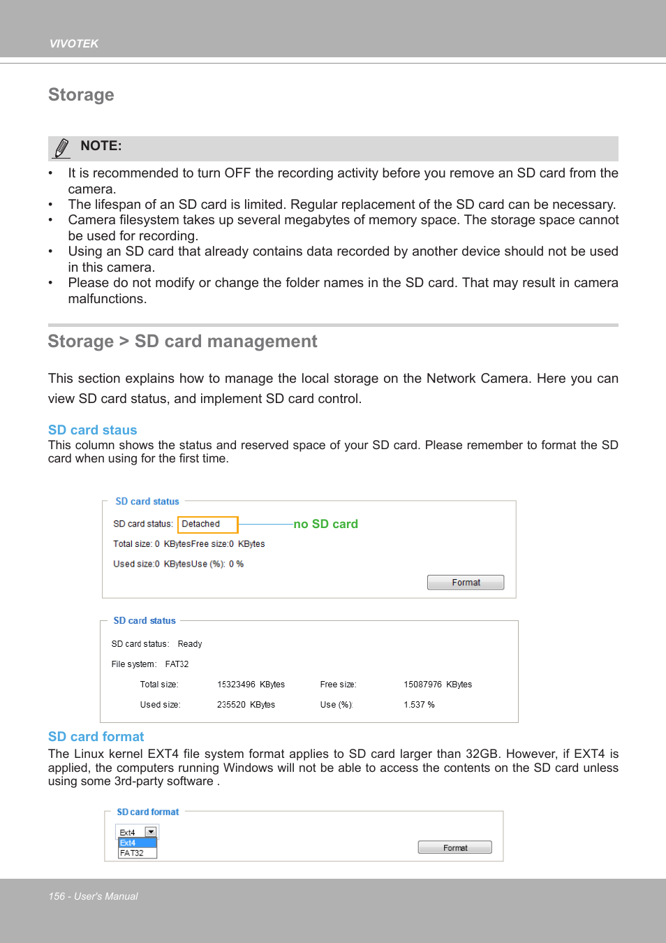 Storage, Storage > sd card management, Storage storage > sd card management | For detailed information | Vivotek FE9380-HV 5MP Outdoor Network Fisheye Dome Camera with Night Vision User Manual | Page 156 / 352