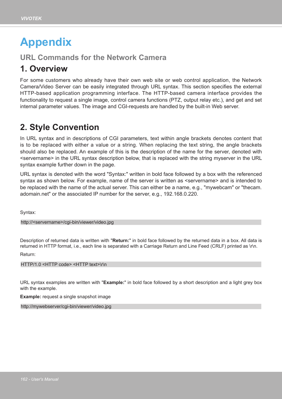 Appendix, Url commands for the network camera, Overview | Style convention, Appendix 162 | Vivotek FE9380-HV 5MP Outdoor Network Fisheye Dome Camera with Night Vision User Manual | Page 162 / 352