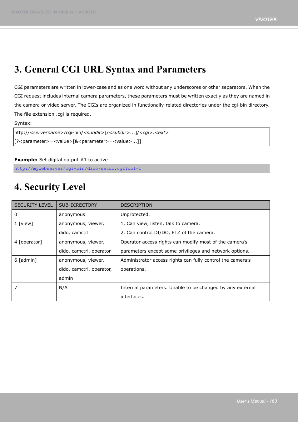 For more information about url, General cgi url syntax and parameters, Security level | Vivotek FE9380-HV 5MP Outdoor Network Fisheye Dome Camera with Night Vision User Manual | Page 163 / 352