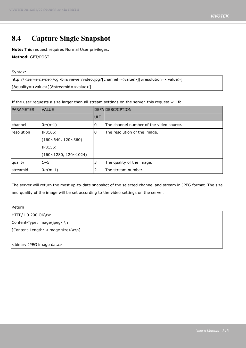 4 capture single snapshot | Vivotek FE9380-HV 5MP Outdoor Network Fisheye Dome Camera with Night Vision User Manual | Page 313 / 352