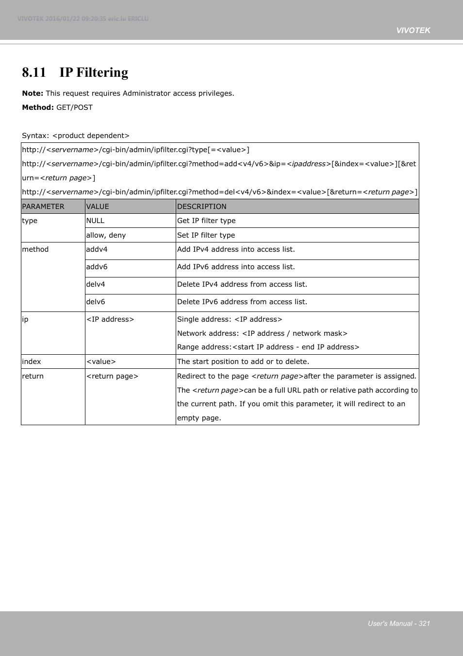 11 ip filtering | Vivotek FE9380-HV 5MP Outdoor Network Fisheye Dome Camera with Night Vision User Manual | Page 321 / 352